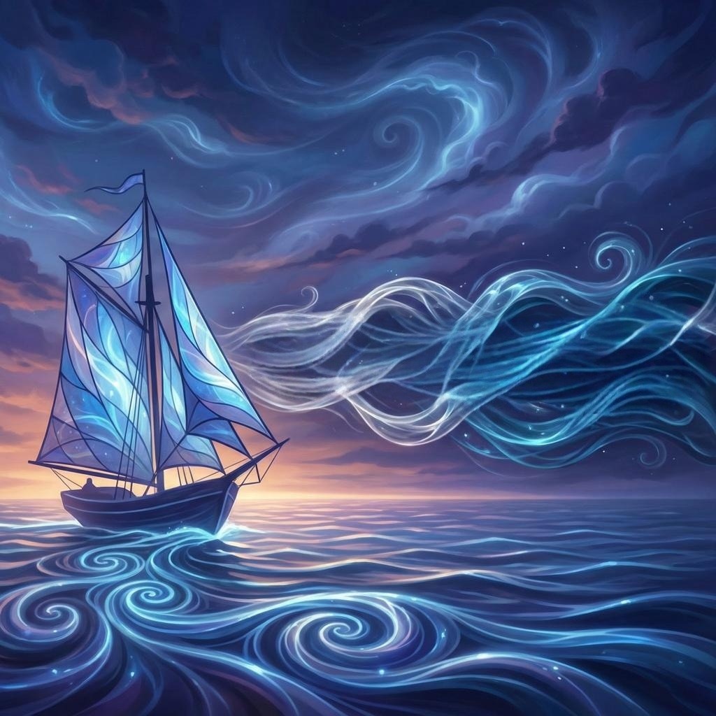 Stylized night sea: a small sailboat with luminous sails crosses glowing swirls on the water beneath a starry, cloud-filled sky.
